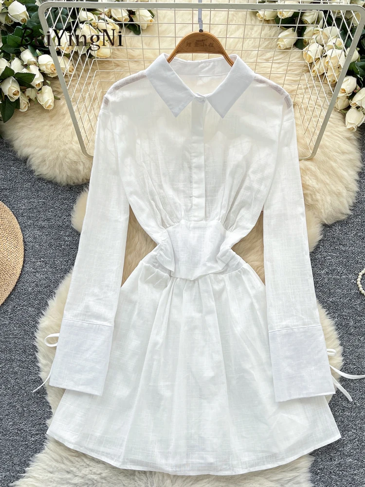 Beiyingni Abito camicia da donna Primavera Autunno Moda Bottoni a maniche lunghe A-line Mini Abiti Abiti femminili coreani in vita elastica