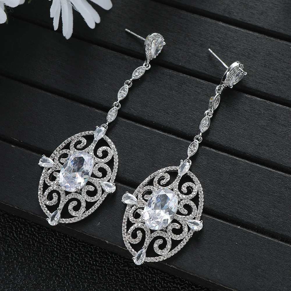 

Luxury Brand New Fashion Popular Long Round Shape Dangle Full Mirco Pave Cubic Zirconia Engagement Party Earring E1210