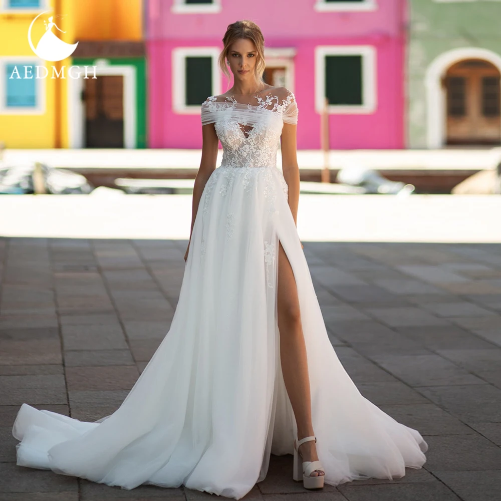 

Aedmgh A-Line Graceful Wedding Dresses Sweetheart Cap Sleeve Vestido De Novia Lace Appliques Tulle Split Custom Made Bridal Gown