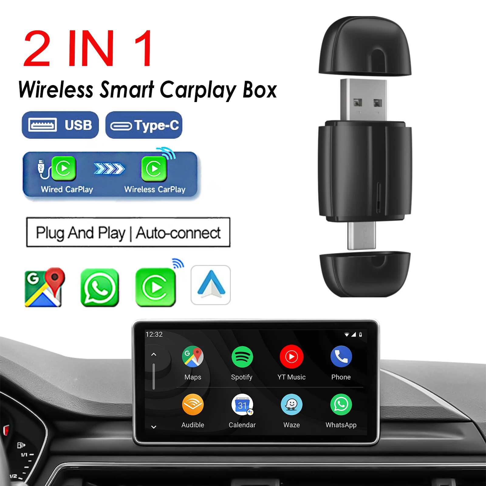 

2 In 1 CarPlay & Android Auto Mini Ai Box Wireless Carplay Adapter Wired to Wireless Bluetooth WiFi Connect Type C Plug and Play