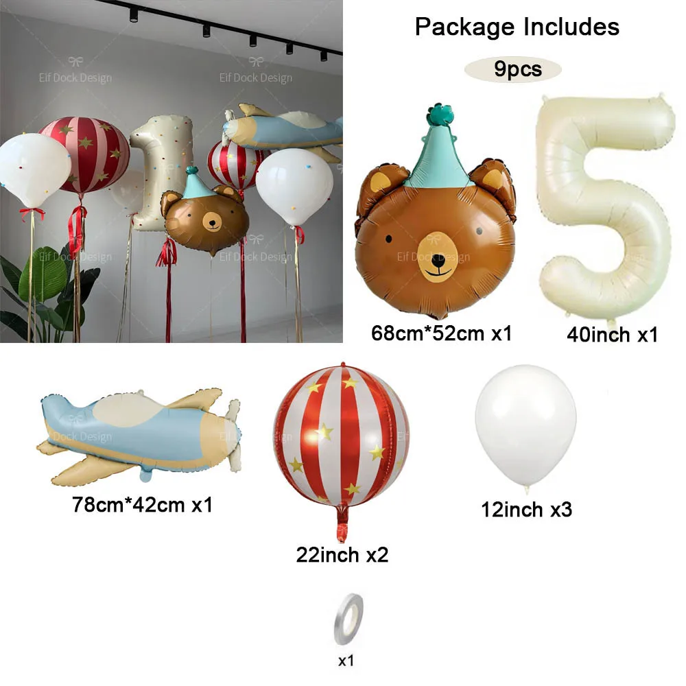 9pcs/Set Matte Airplane Cartoon Birthday Bear Red-striped Foil Balloon Cream Number for Birthday Anniversary Party Decor Gifts - view 6
