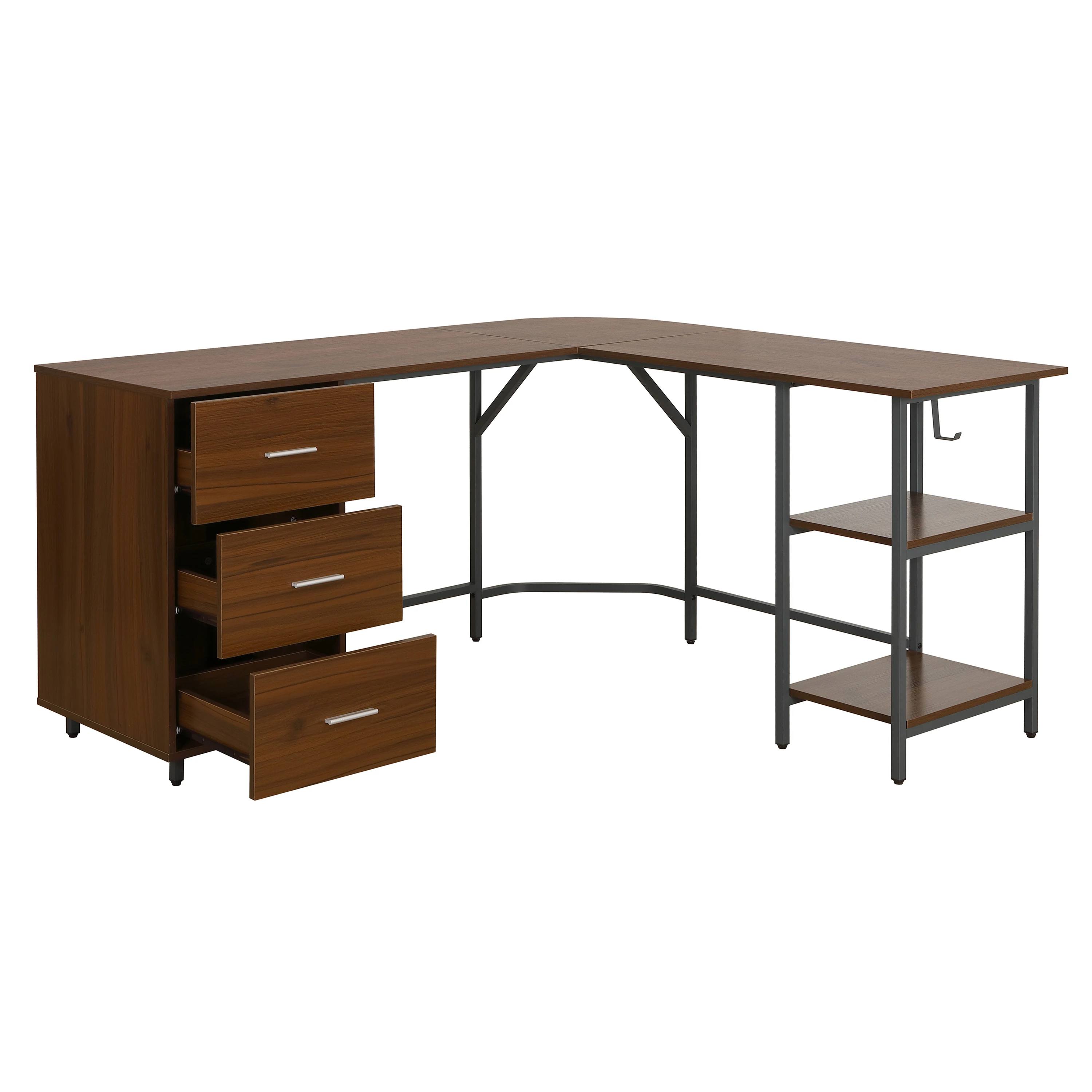 

Modern Home Office L-Shape Desk in Walnut with Storage Two-Tone Modular Design and Wood Panel Style