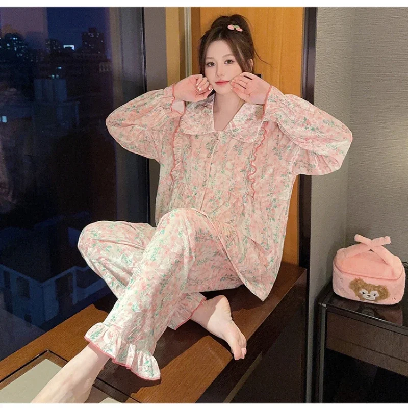 5XL плюс размер, зимние теплые пижамные комплекты, женские милые утепленные пижамы с цветочным принтом, мягкий бархатный флис, удобная домашняя одежда, комплект из двух предметов