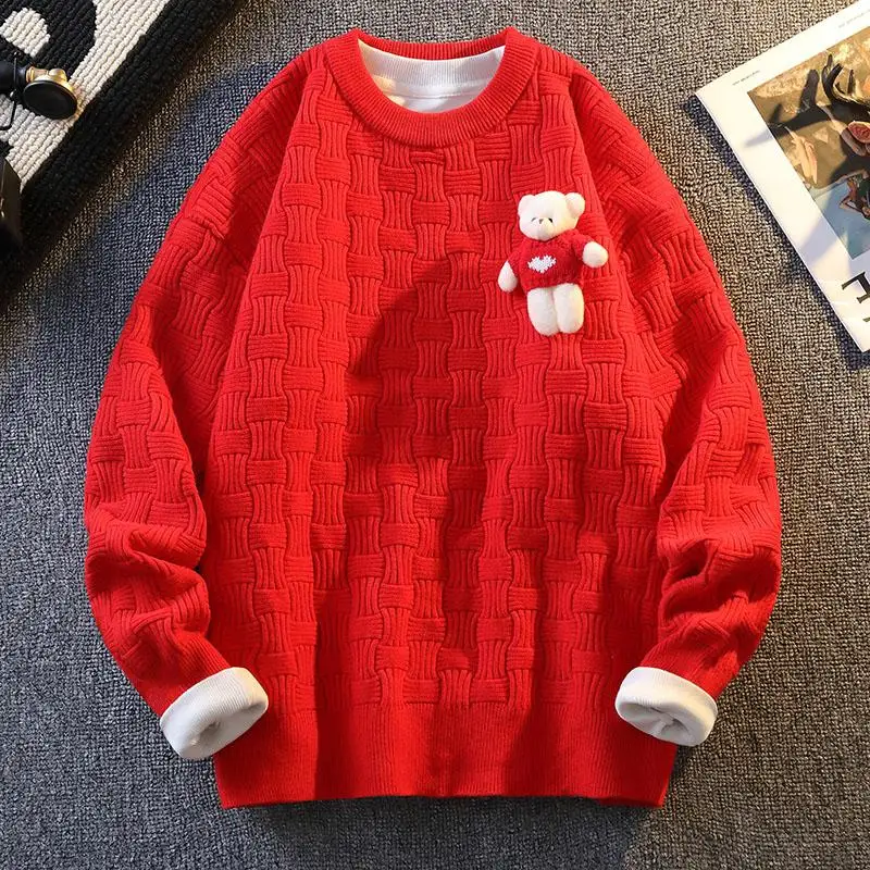 

Red Thiened Knitted Sweater for Men Winter Warm Youth Top Festive Chinese Zodiac Year M Faionable Casual Long Sve C...