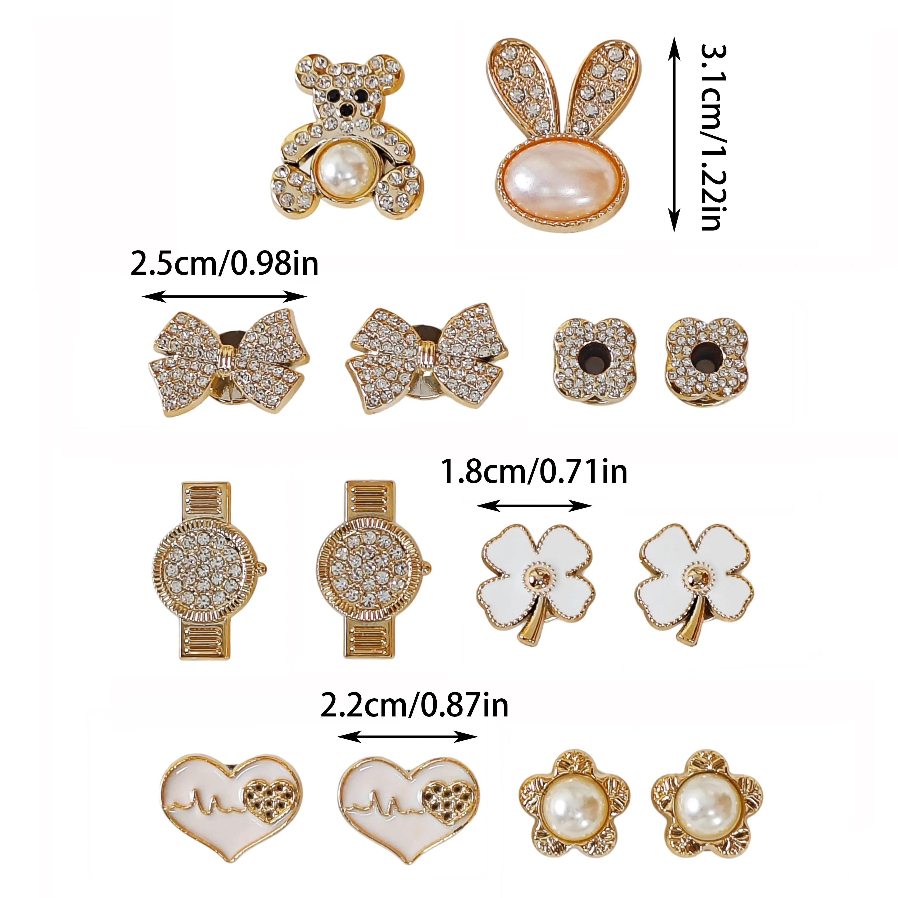 14Pcs DIY Shoe Decoration Charms: Shiny Rabbit, Bear, Bow, Flower, Watch, Heart-Shaped Decorative Buckles. Non-Metallic Lightweight Material. Y2K Fashion Versatile Cute Personality Accessories for Men and Women. Suitable for Eva Beach Shoes, Sandals, Removable Shoe Decorations, Holiday Gifts