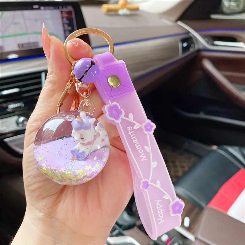 3pcs Cartoon Liquid Unicorn Crystal Ball Floating Bottle Keychain Girl Cute Pony Moving Star Sequin Quicksand Ball Bag Key Chain