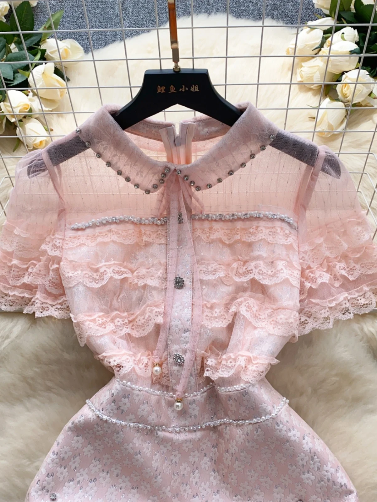 Ofallsis French Retro Pink Small Fragrant Style Dress 2024 New Heavy Industry Diamond Inlaid Lace Patchwork Waist Slim Dresses