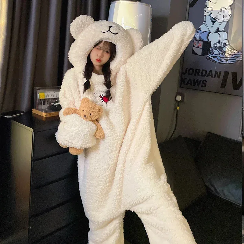 

Women Robes bodysuit cartoon Bear Coral Velvet Nightgown Cute Korean Pajamas Hooded Funny Anime Sleepwear Girlfriends Homewear