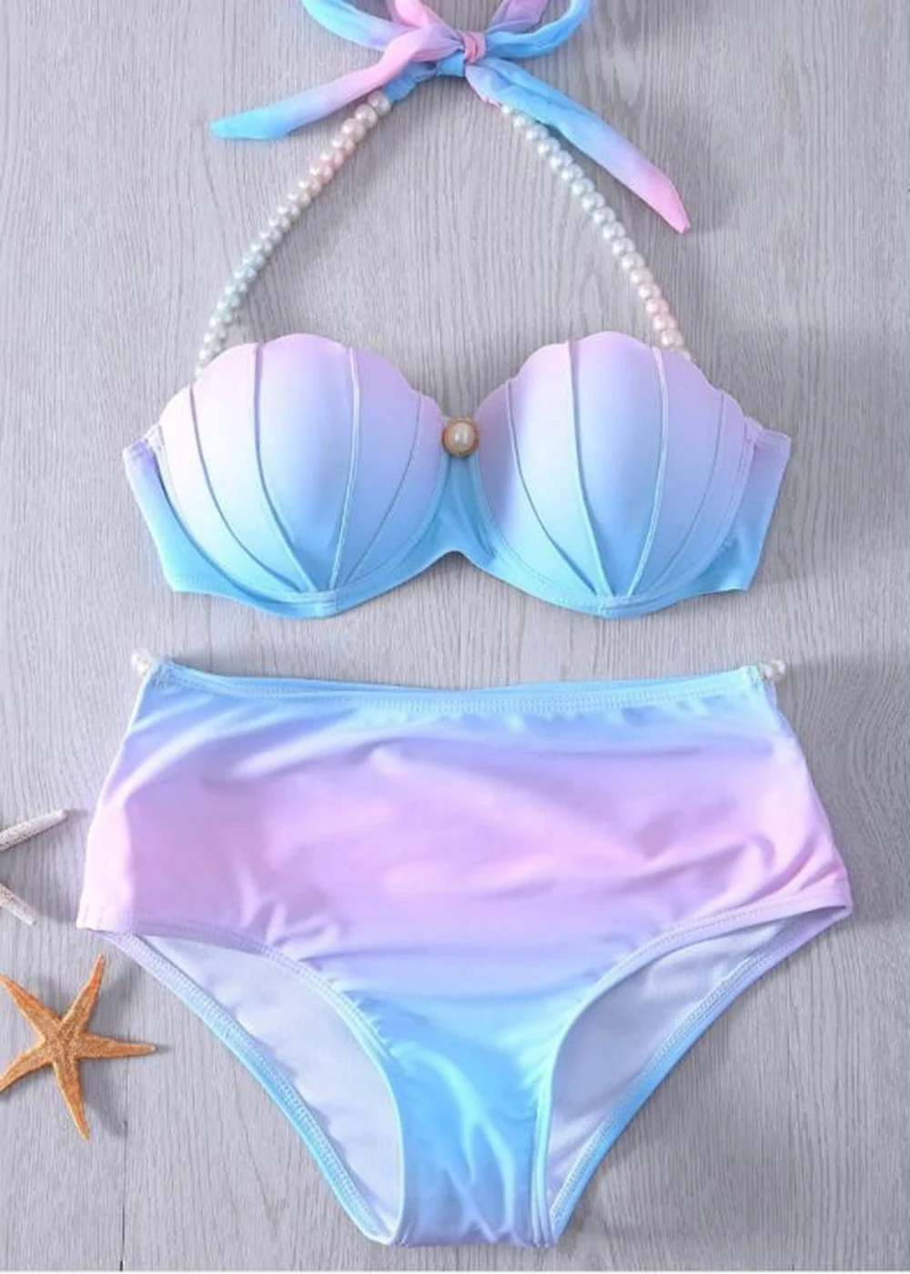 Mermaid Style Fashion Women Two Pieces Bikini Set Gradient Color Shell Halter Swimsuit Girl Swimwear Sports Beach Clothing 2023