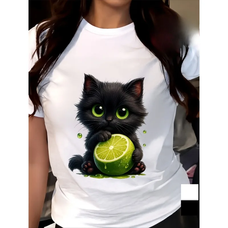 Cat and Lime Niedliches Katzen-bedrucktes Rundhals-T-Shirt für Frühling und Sommer, lässiges Damen-Top, atmungsaktives Damen-T-Shirt aus Baumwolle
