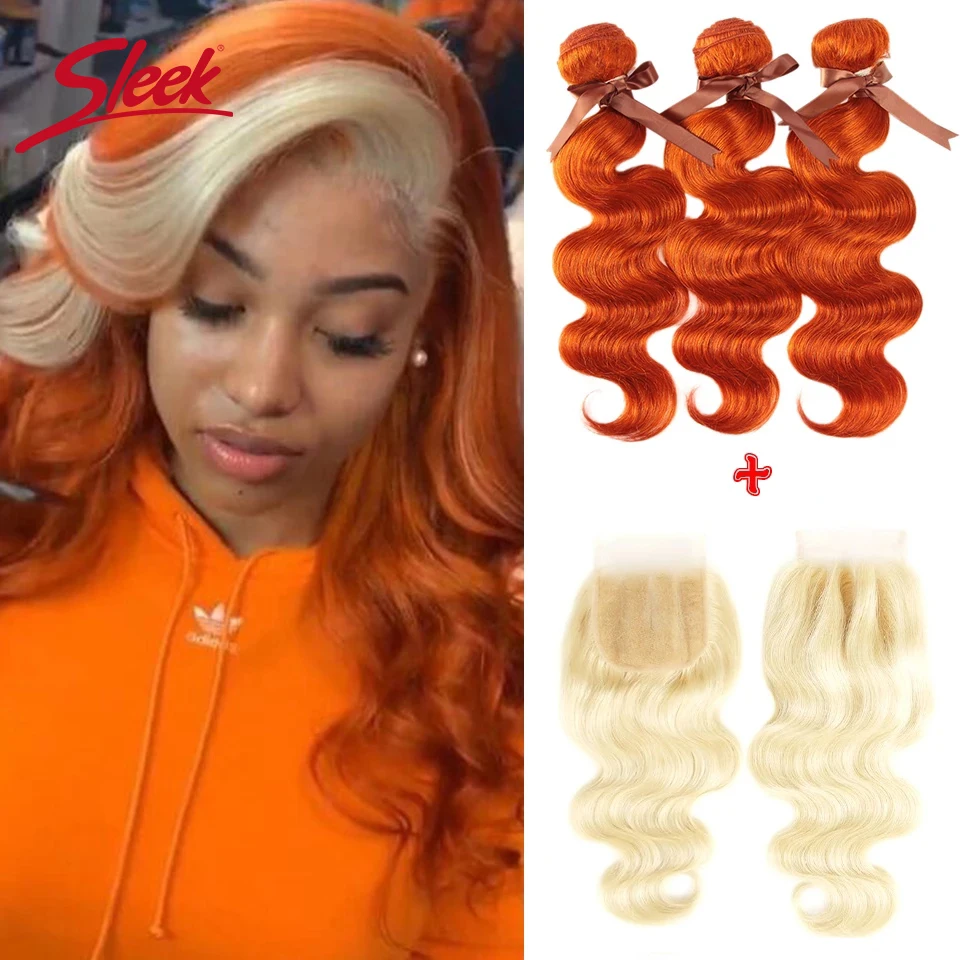 Mechones de pelo brasileño ondulado para mujer, mechones de pelo Remy color naranja con cierre Rubio 613, 3 uds.