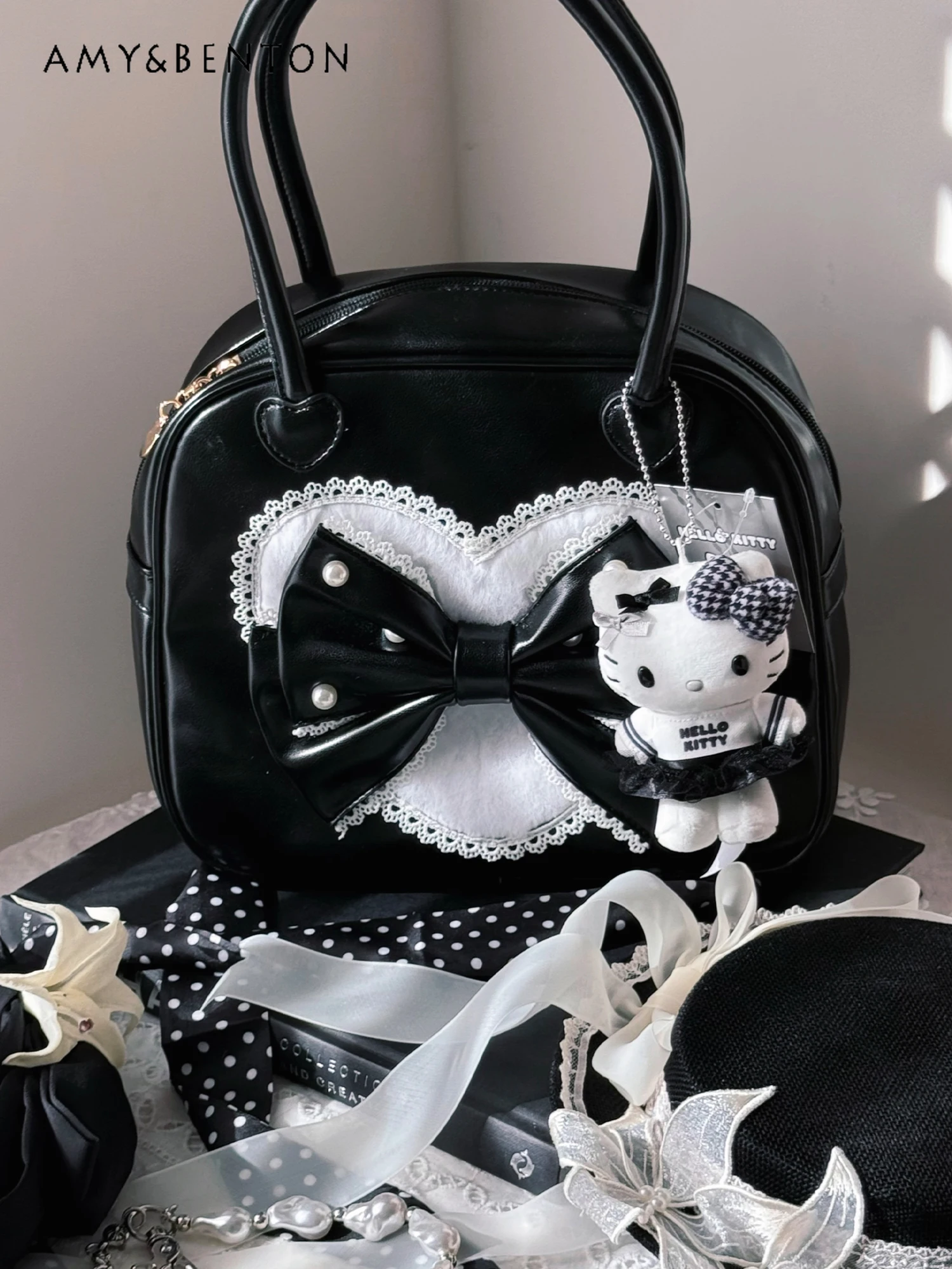 Lollita Handbag Women Original Design Cute Bow Lace Sweet Girl Patchwork Color Single Shoulder Bag Elegant Princess PU Handbag