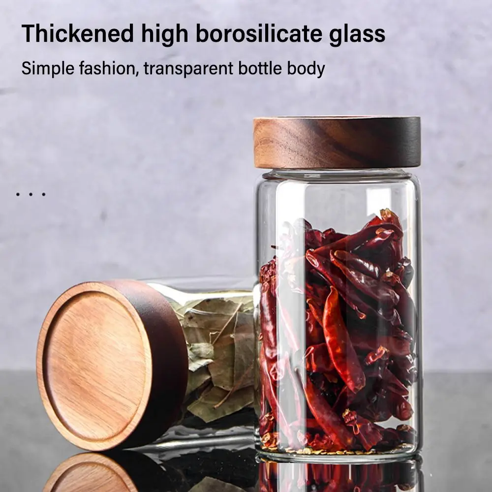 Glass Transparent Acacia Wood Containers With Lids Storage Tank Storage Pots Sealed Can Split Bottle Spice Jars