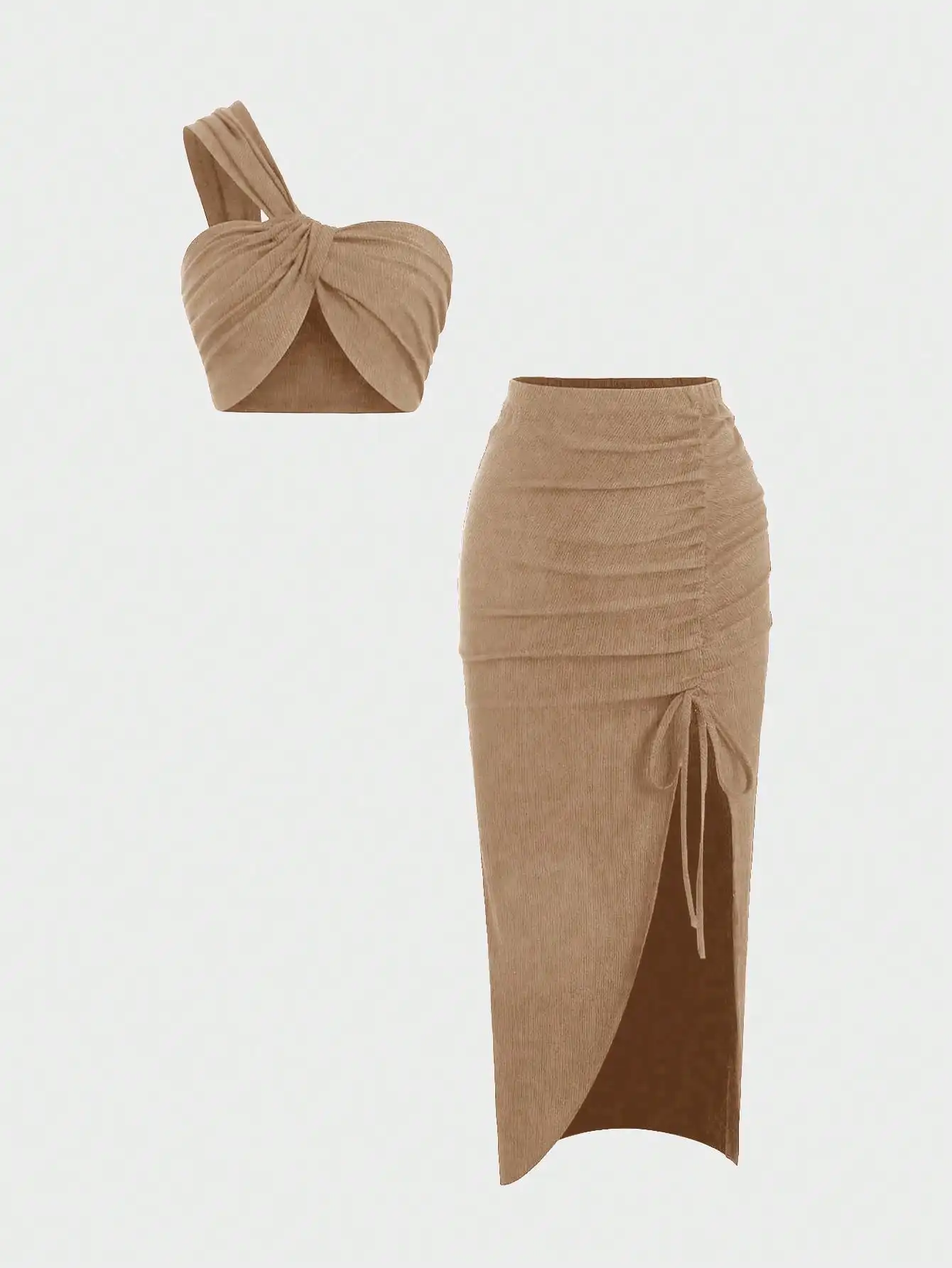 Women's Solid Color Asymmetrical Shoulder Strap Top And Pleated Skirt Two Pieces Set