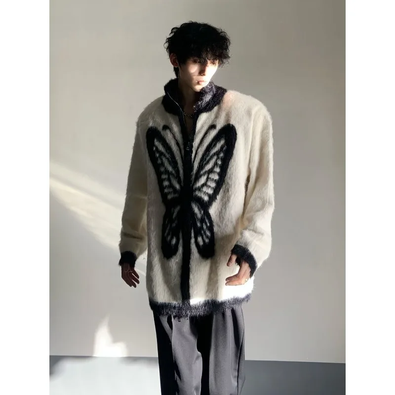 Men's Models Fairy Winter Autumn Tops Coat Sweater Knit Print Butterfly Standing Collar Zipper Retro Leisure Simple Advanced