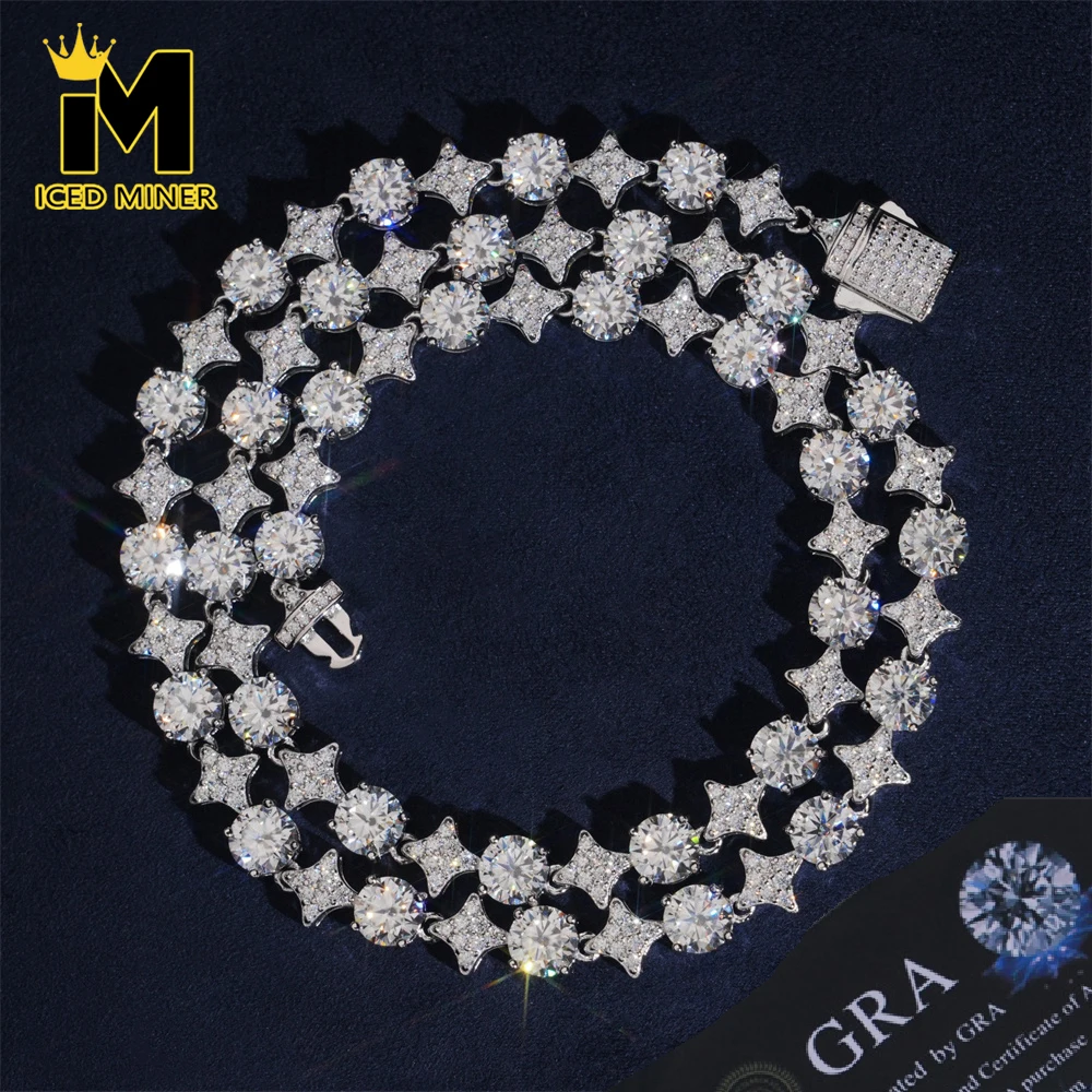 

Icedminer 8mm VVS Moissanite Stars Link Chain Iced Out Necklace For Men Women S925 Silver Choker Pass Tester Hip Hop Jewelry GRA