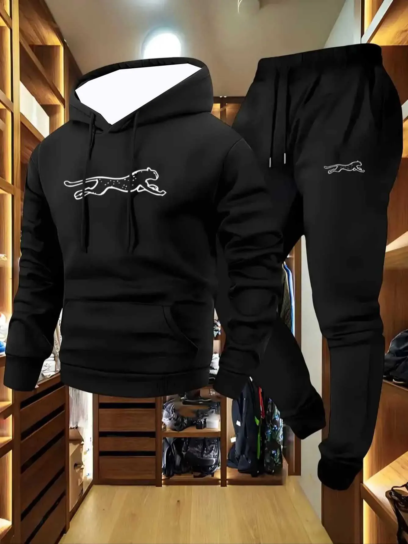 

Men'S Casual Sports Hoodie and Joggers Set, Drawstring Comfortable Breathable with Print, Front Kangaroo Pocket, Perfect for All