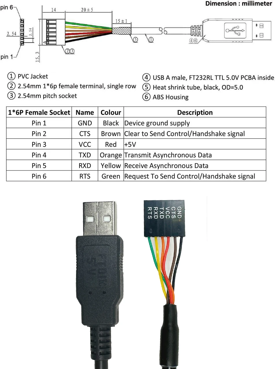 USB to TTL Serial 5V Adapter Cable, 6 Pin Female Socket Header, FT232 Chip, Compatible with Windows 10/8/7, Linux, MAC OS