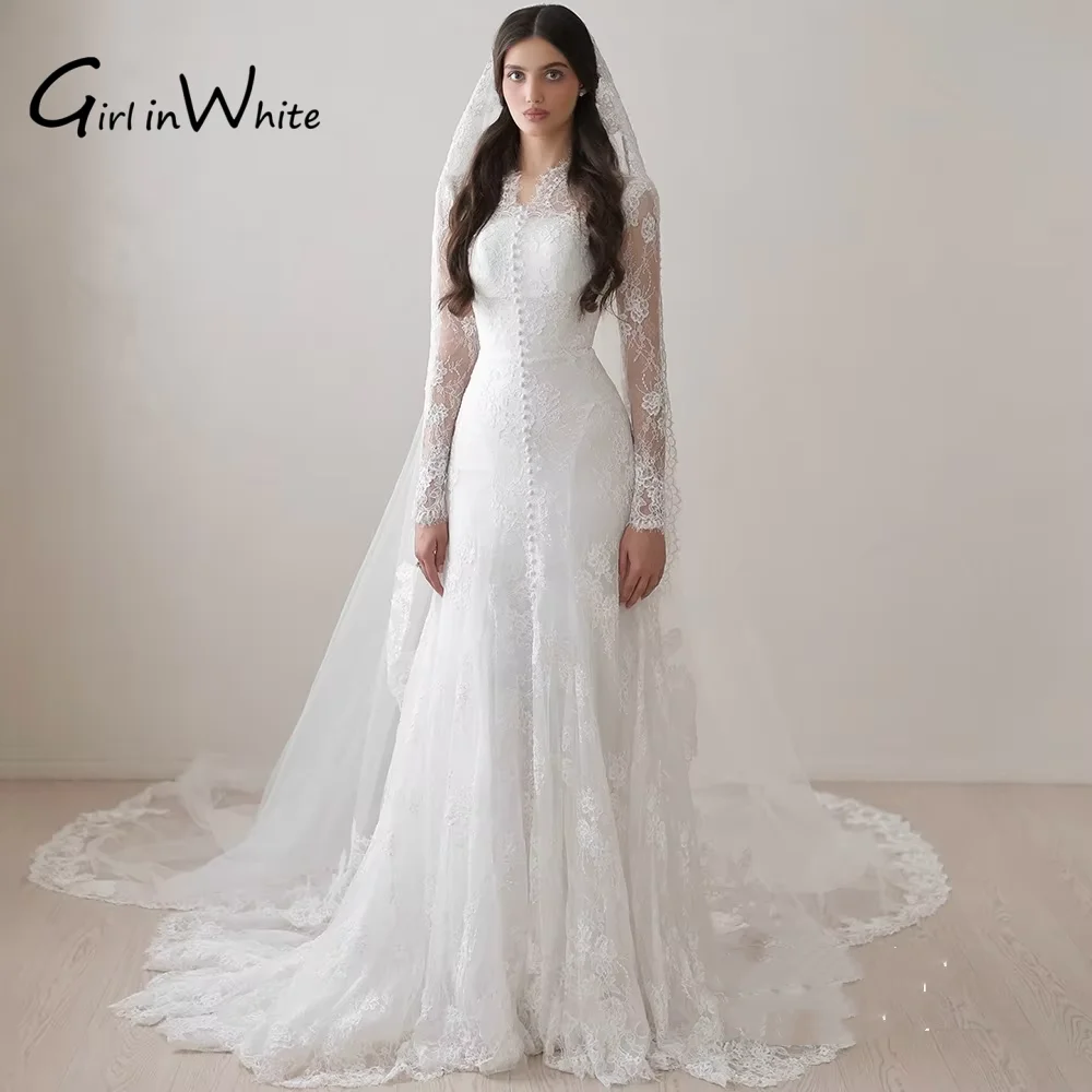 Lace Wedding Dress Mermaid Customized Small V Neck Long Sleeves Lace Buttons Sweep Train Mermaid Bridal Gown Vestido De Noiva