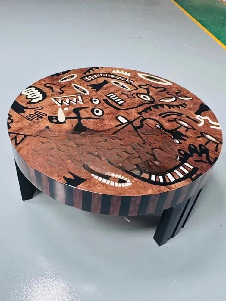 TTSolid Wood Medieval Painting Art Coffee Table Creative Painting Living Room Senior Round Coffee Table Household