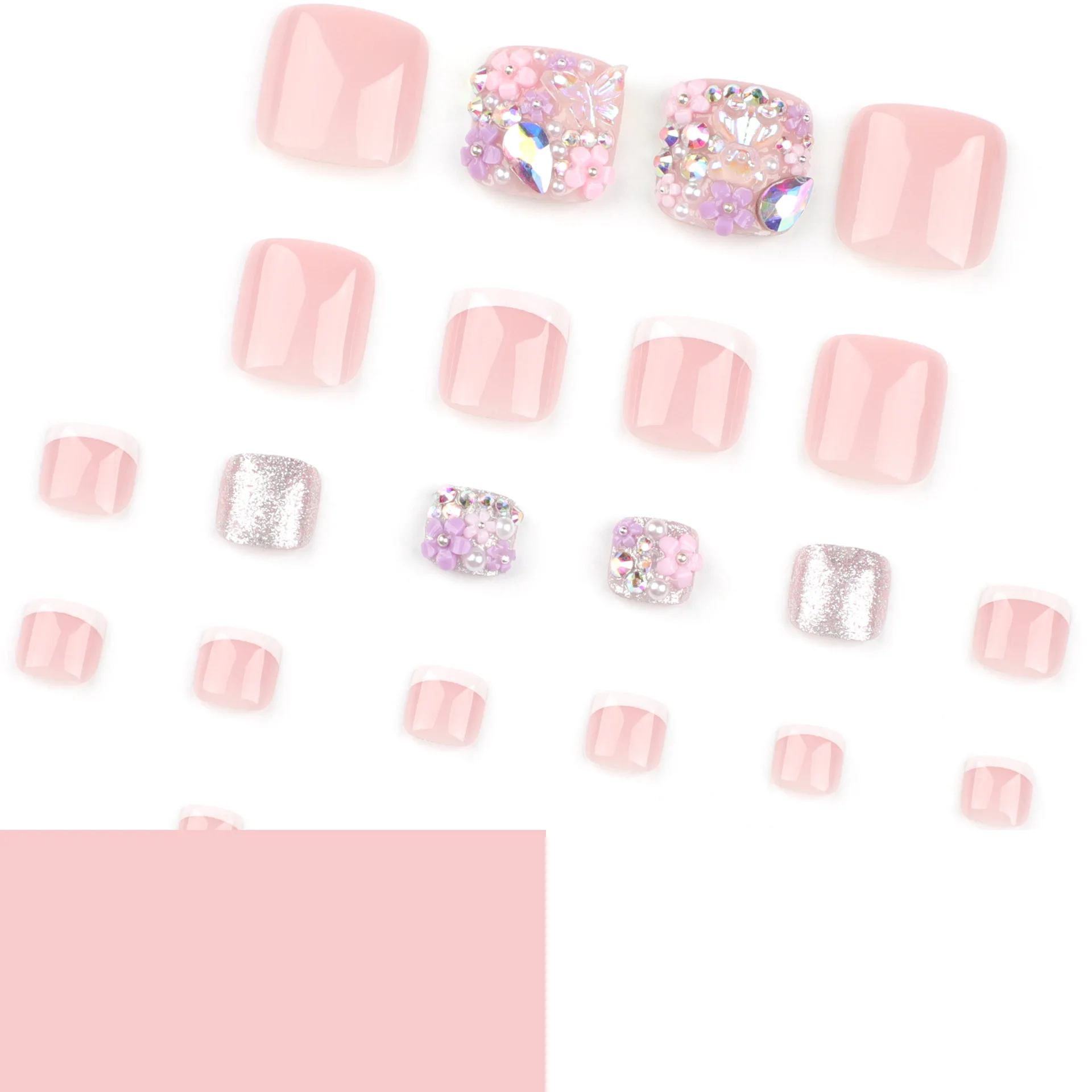 24szt Francuskie sztuczne paznokcie na nogach 3D Kwiat Rhinestone Design Fałszywe paznokcie na nogach Letnie nadające się do noszenia Ins Francuskie kwadratowe naciśnięcie na paznokcie na nogach