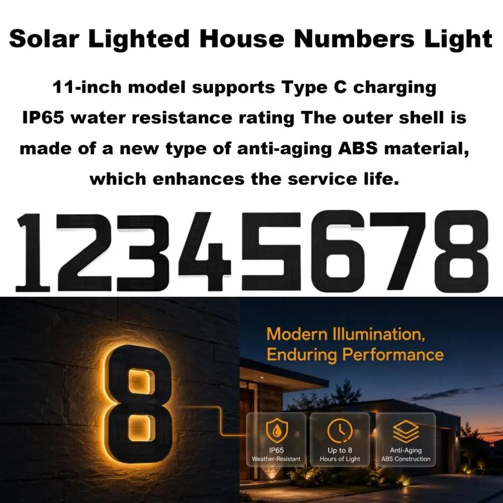 Highlighting Solar Lighted House Numbers Light IP65 Waterproof Type C Solar Digital Doorplate 11inch Illuminated Exterior