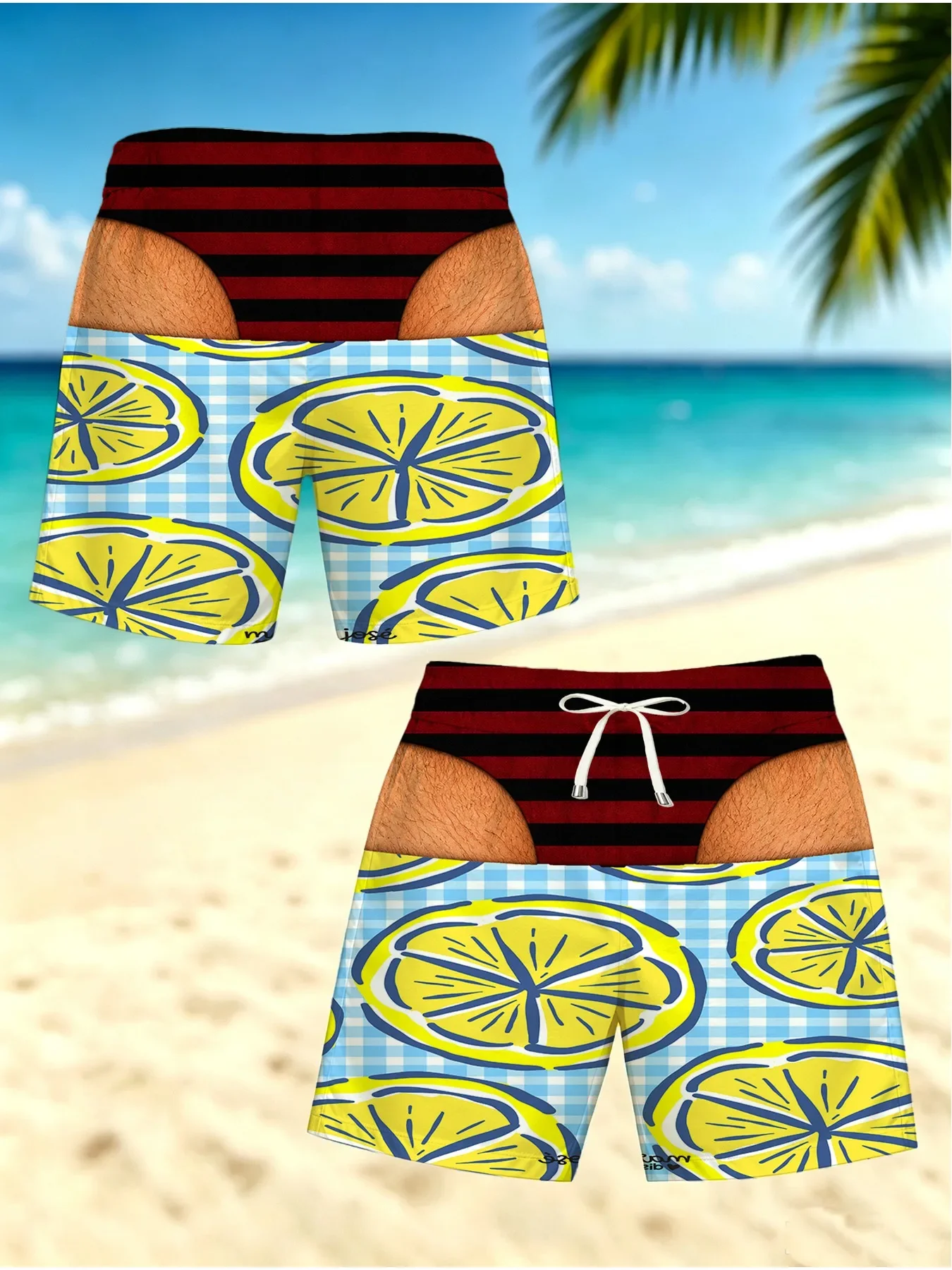 Funny 3D Optical Illusion Men's Swim Trunks Fake Butt Blue White Tie Dye Gold Waist Quick Dry Drawstring Beach Shorts