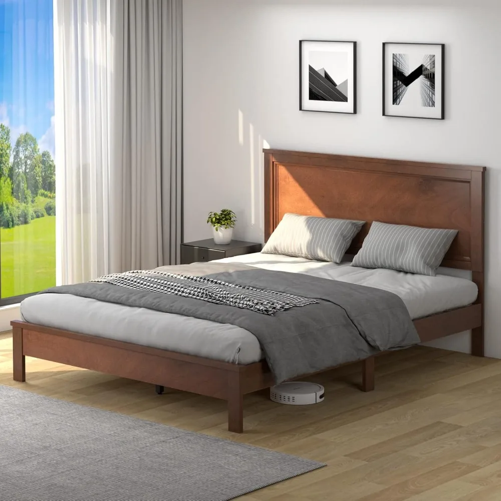 

Wood Platform Bed Frame with Headboard, Wooden Mid Century Platform Bed with Slat Support & Under Bed Storage