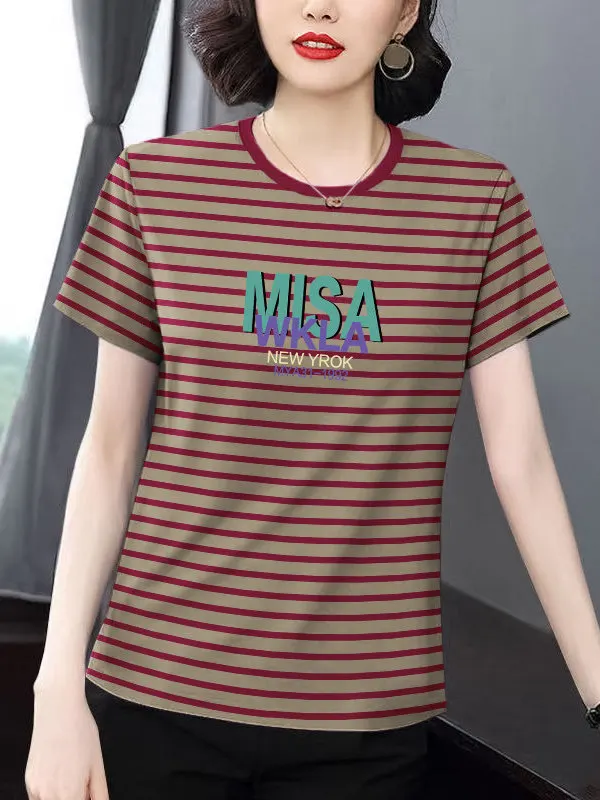 

Loose Short Sleeve T-Shirt Women's plus Size Striped Top Summer New Style Fashionable Mom's Shirt Comfortable Breathable Casu...