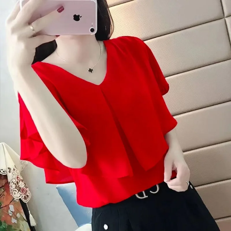 

Elegant Chiffon Thin Blouse Summer New Short Sleeve Solid Color V Neck Loose Office Shirt Tops Fashion Casual Women Clothing