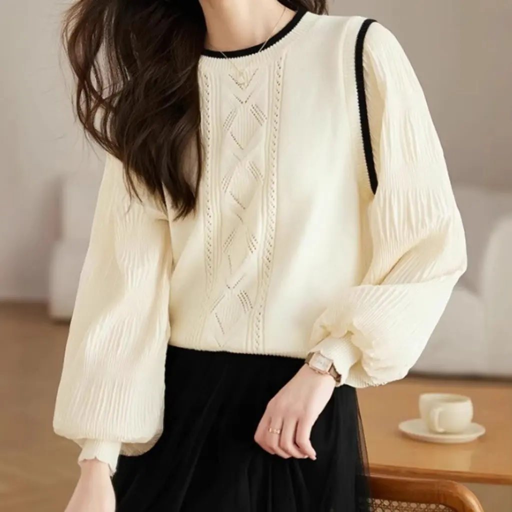 

Women's Spring Autumn Lantern Sleeve Knitted Top round Neck Pullover Fake Two-Piece Base Design Fashionable Casual Shirt
