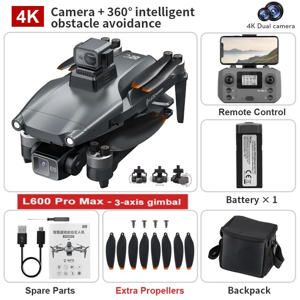 Originele L600 PRO MAX GPS Drone Professionele 3-As PTZ HD Dual Camera Obstakel vermijden Borstelloze Motor 5G WIFI RC Quadcopter