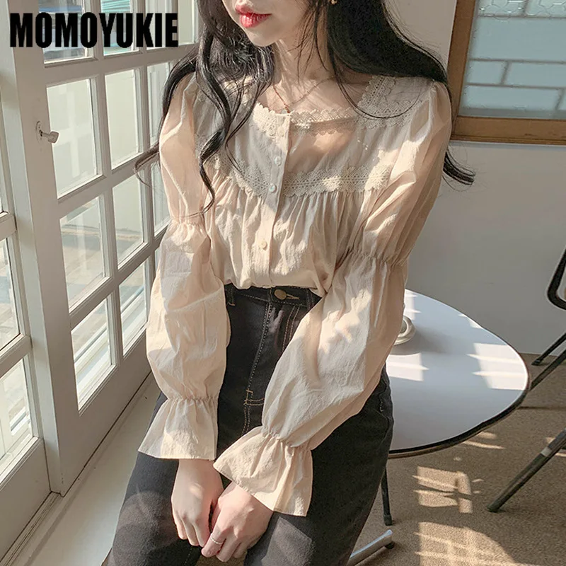 2022 Beige Lace Blouse Vintage Square Collar Women Long Puff Sleeve Shirt Solid Cardigan Sweet Shirt Blusas Clothes Women Tops