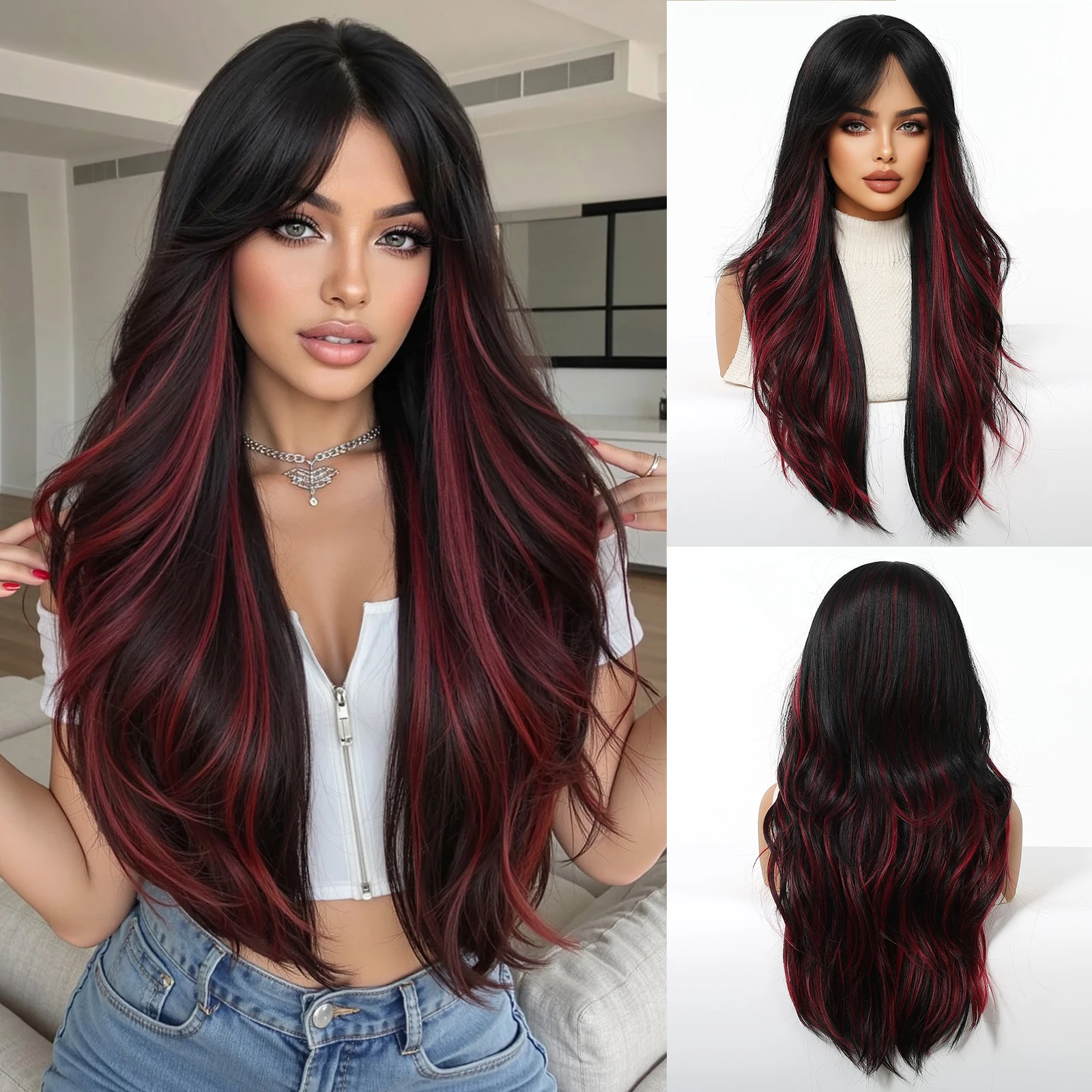 Black Red Fashionable Beautiful Synthetic Wigs with Long Wavy Halloween Cosplay Hair Wigs Heat Resistant For Women Daily Party