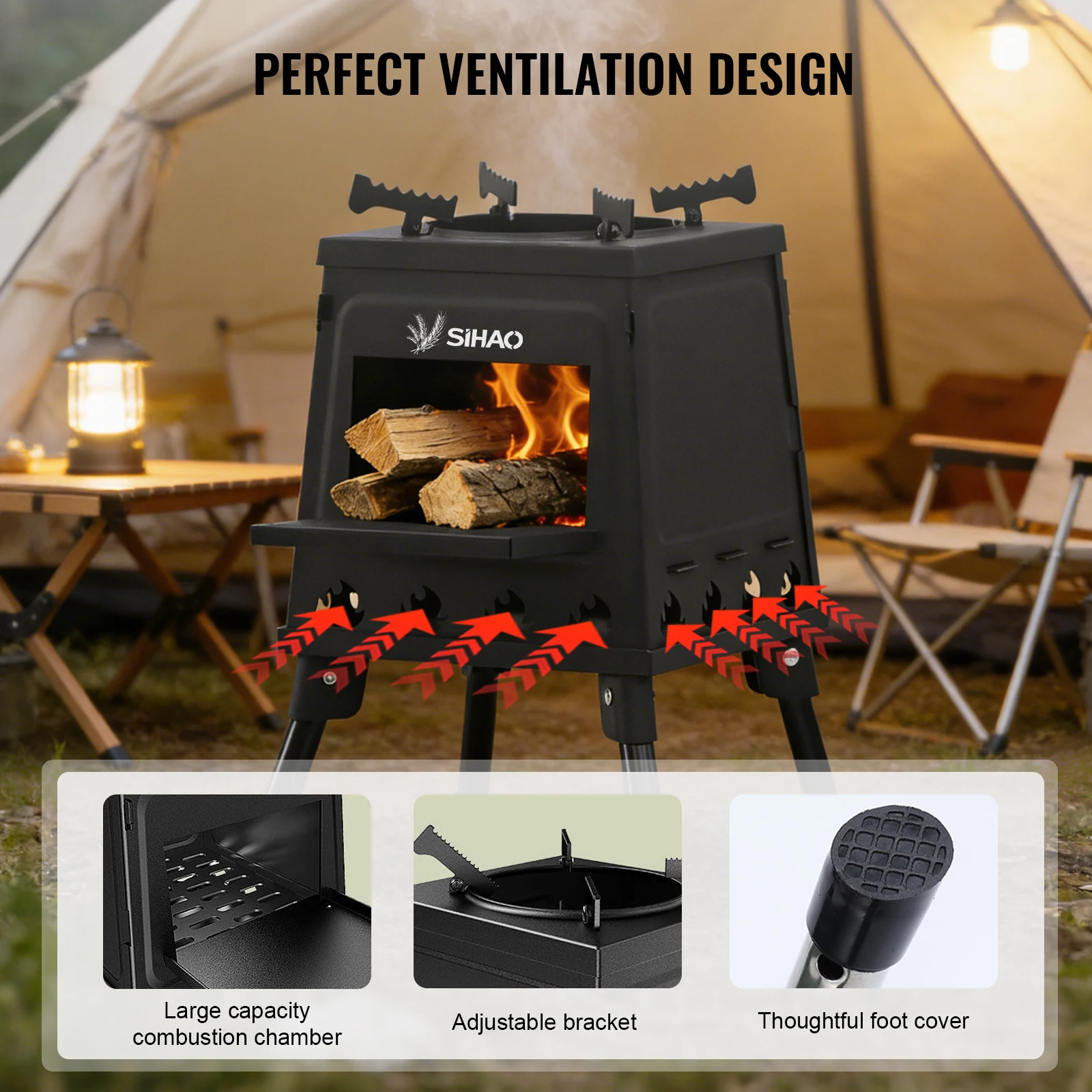 

SIHAO Outdoor Wood Stove Tent Wood Burner Stainless Steel Firewood Heater with Chimney Outdoor Double Combustion Fire Pit