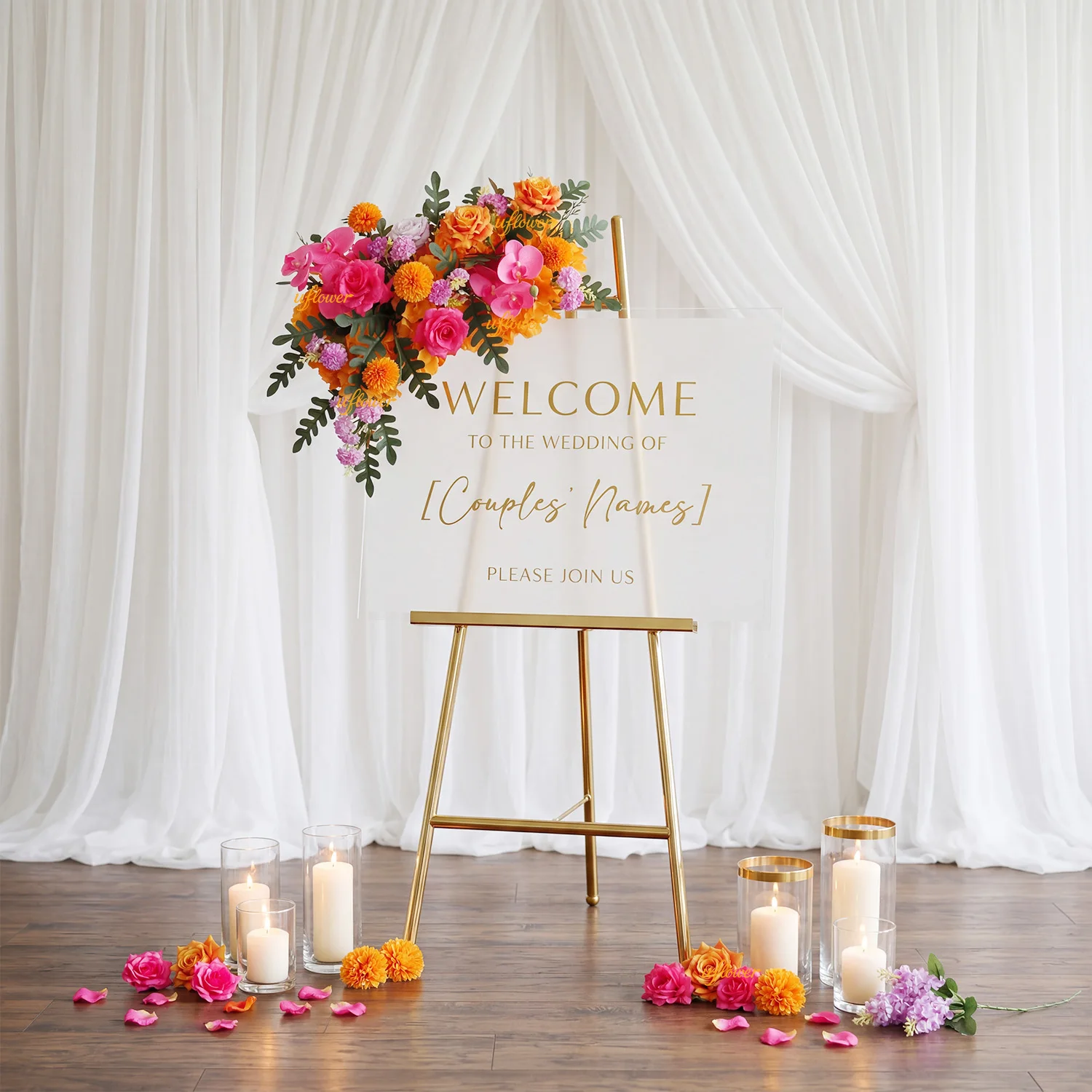 Guirlande de fleurs rose vif et orange de 50 cm pour arche de mariage, centre de table, panneau de bienvenue, décoration de fête et toile de fond de fiançailles