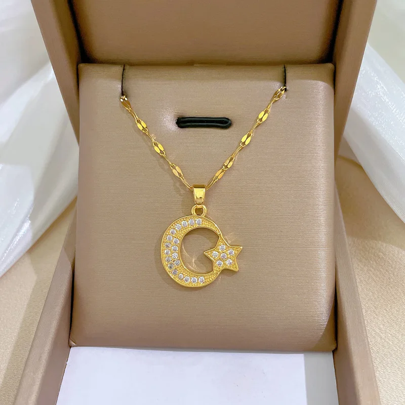 Stainless Steel Fashion Gold Color Moon Star Pendant Necklace Crescent Clavicle Chain Choker Necklace For Women Jewelry 2023 New