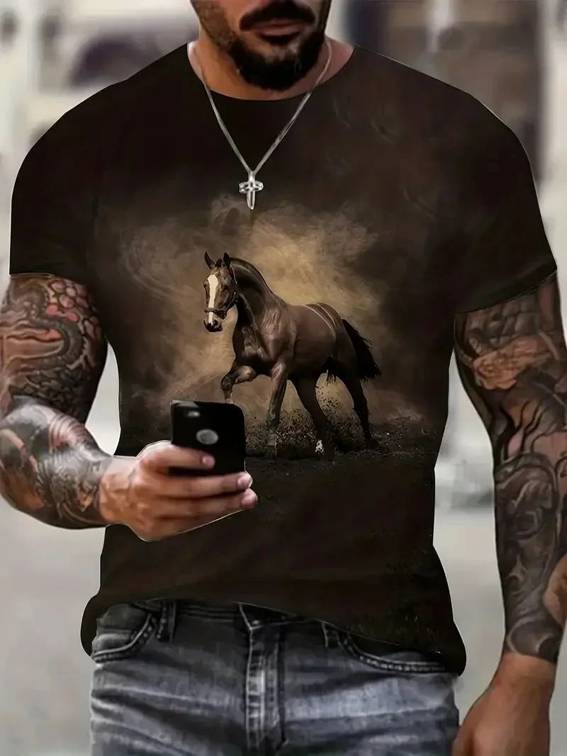 Summer Horse Print Men\'s Graphic Design O-Neck Men\'s T-shirt Short-sleeve Tees Loose Daily Men Clothing Casual Streetwear