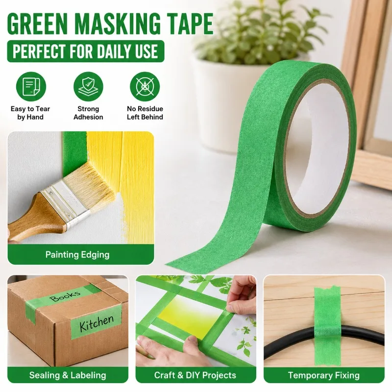 Green Painter's Tape 2 Rolls, 2CM x 10M, Multi-for Surface Masking Tape, Art Paper, Seamless Color Separation, DIY