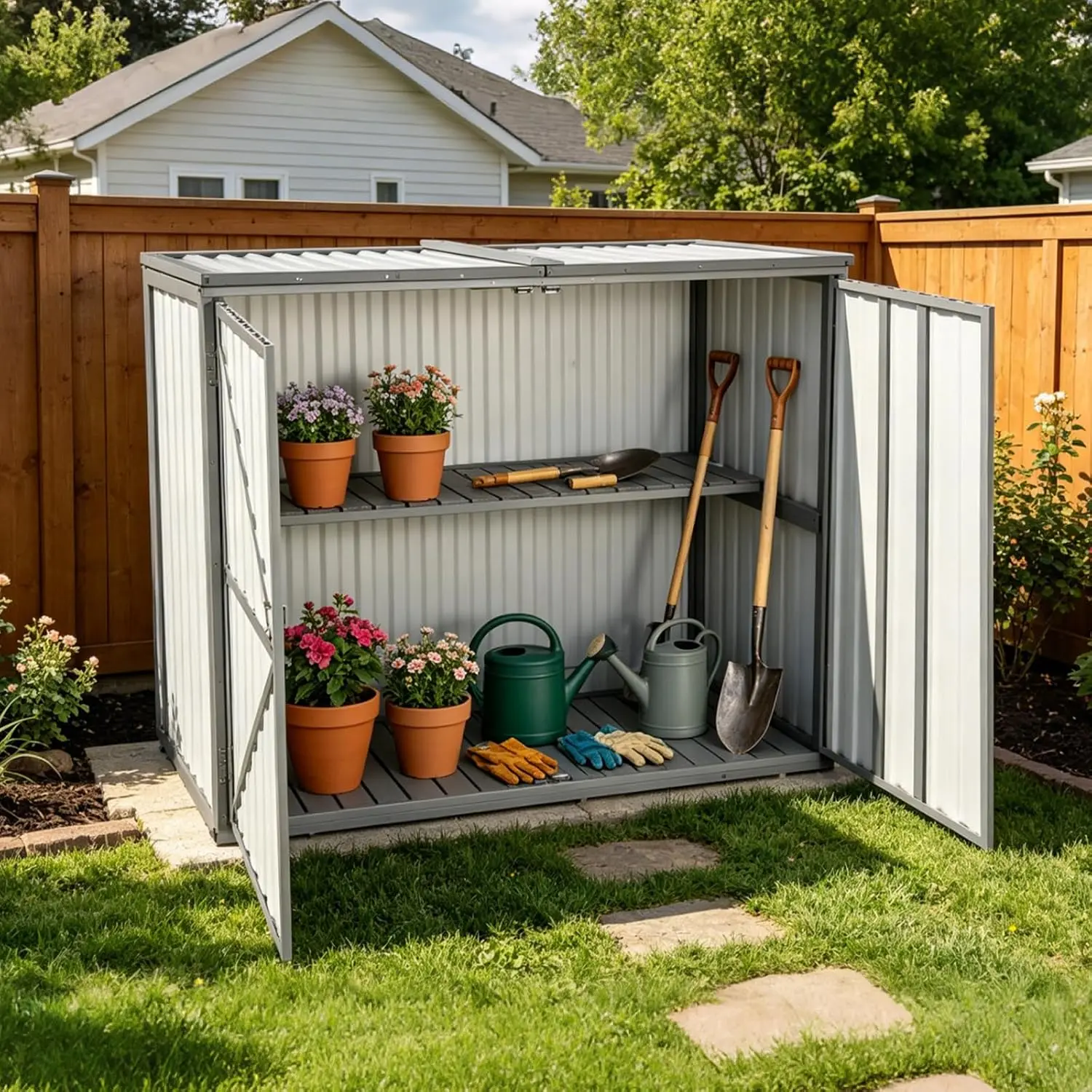 Outdoor Storage Shed 4.2x2.2FT Metal & Fir Wood, Weatherproof Resin Garden Cabinet with Adjustable Shelves for Patio, Customized