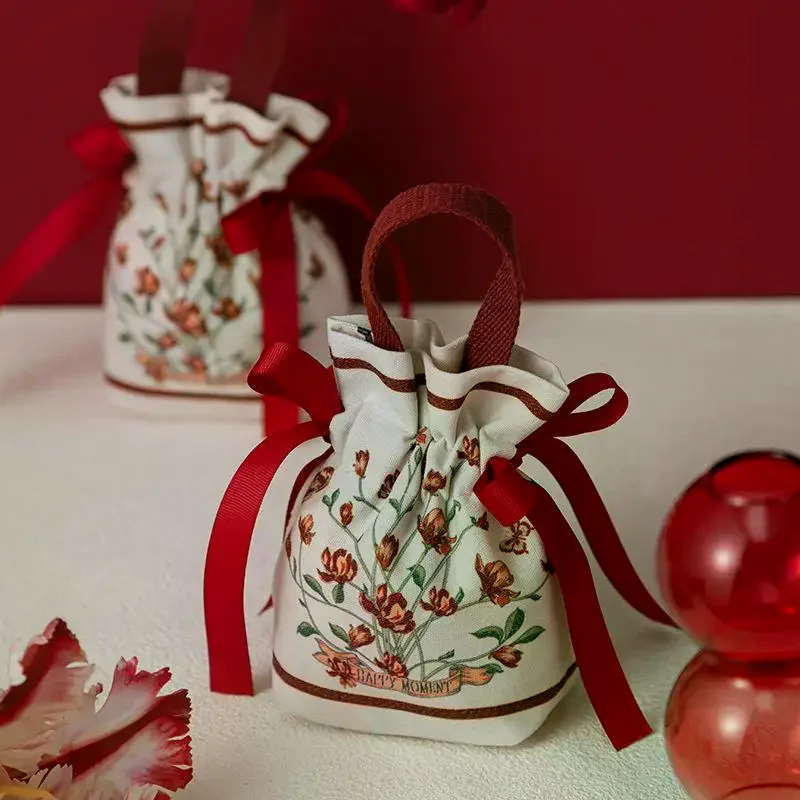 Retro Floral Pattern Drawstring Candy Bags Portable Reusable Wedding Party Favor Packaging Pouches
