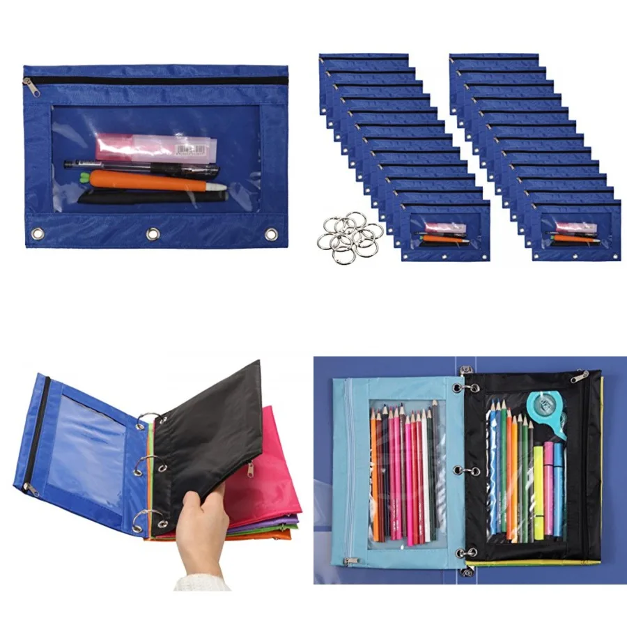 

24 Packs 3 Ring Binder Pen Pencil Case Pouch Bulk Set Stationery Bag for School Class Office