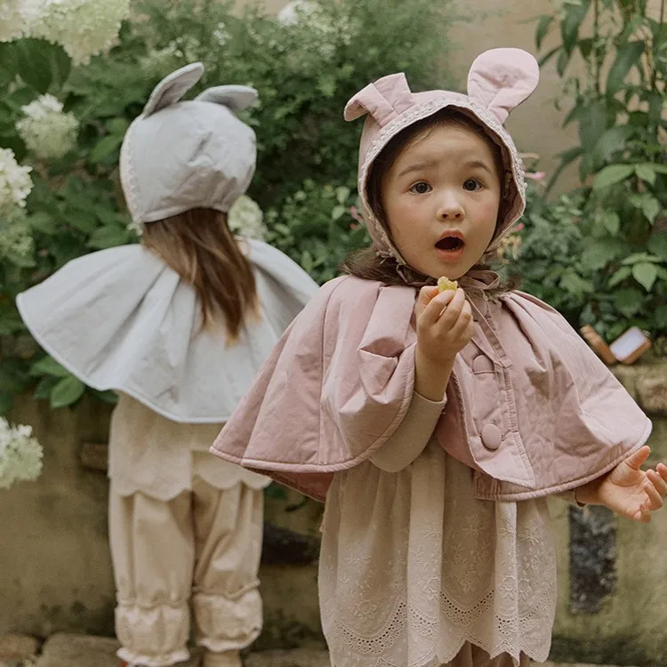 

2025 Autumn and Winter New Product Korean Children and Girls Cute Cotton-padded Cloak Rabbit Ear Hat Set