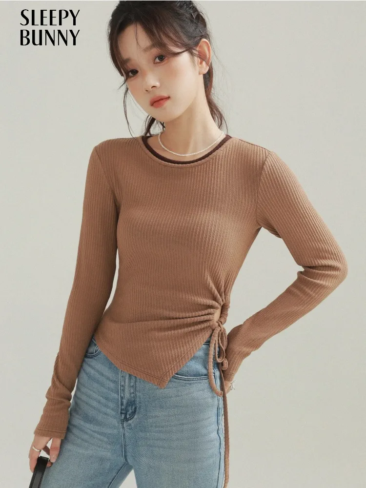 

Slim Fit Drawstring Asymmetric Long Sleeve T-Shirt Casual Ribbed Knit Top Women Stretchy Fitted Design Autumn Everyday Outfit