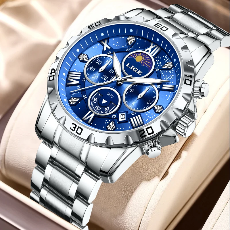 New LIGE Luxury Fashion Quartz Man Watch Stainless Steel Business Casual Calendar Waterproof Luminous Moon Phase Watches for Men
