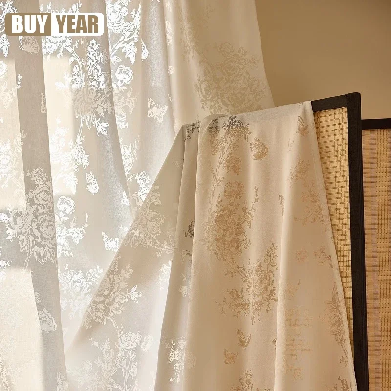 

French Light Luxury Window Screen Transparent Jacquard 2024 New Butterfly Gauze Cream Curtains For Living Dining Room Bedroom