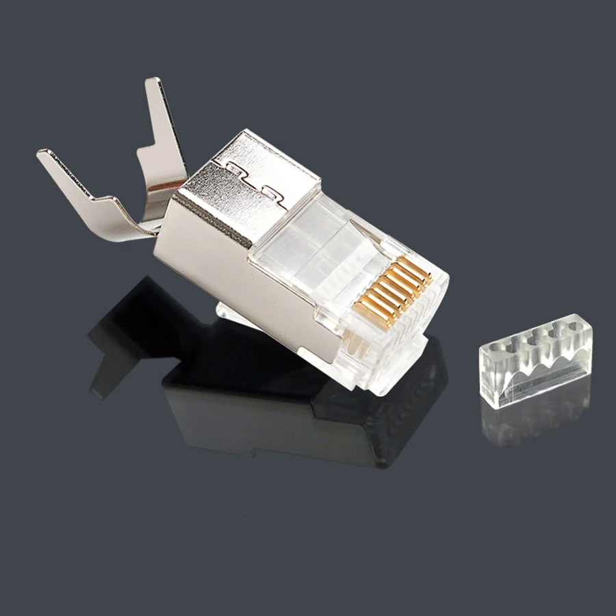 xintylink rj45 connector ethernet cable plug cat7 cat6a male network gold plated 50u 8P8C metal shielded stp jack load bar 1.3mm