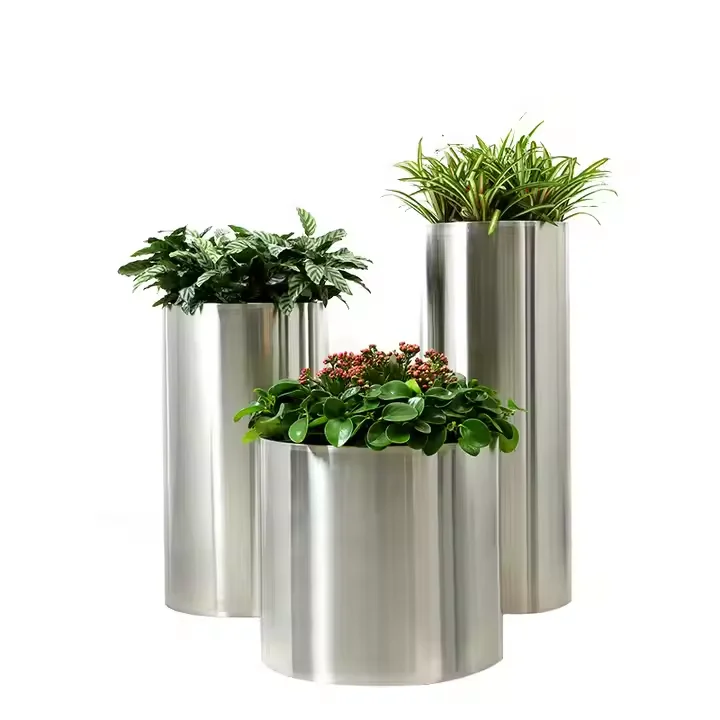 

High Quality Modern Cylindrical Stainless Steel Flower Pots Planter Boxes for Household Garden Commercial Use
