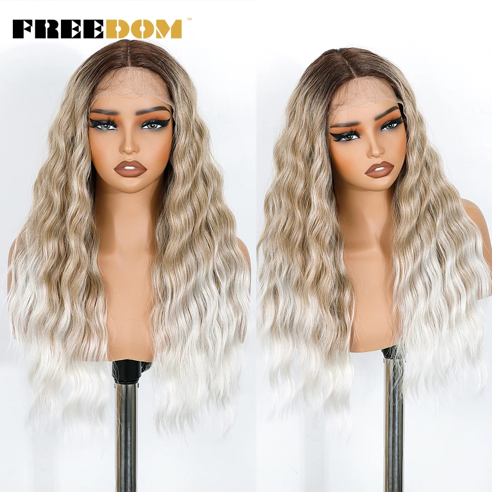 FREEDOM Synthetische Lace-Front-Perücken für schwarze Frauen, 26 Zoll lange, tief gewellte Lace-Perücke, Ombré-Braun-Blond-Perücke, Cosplay-Perücken – Detail 9