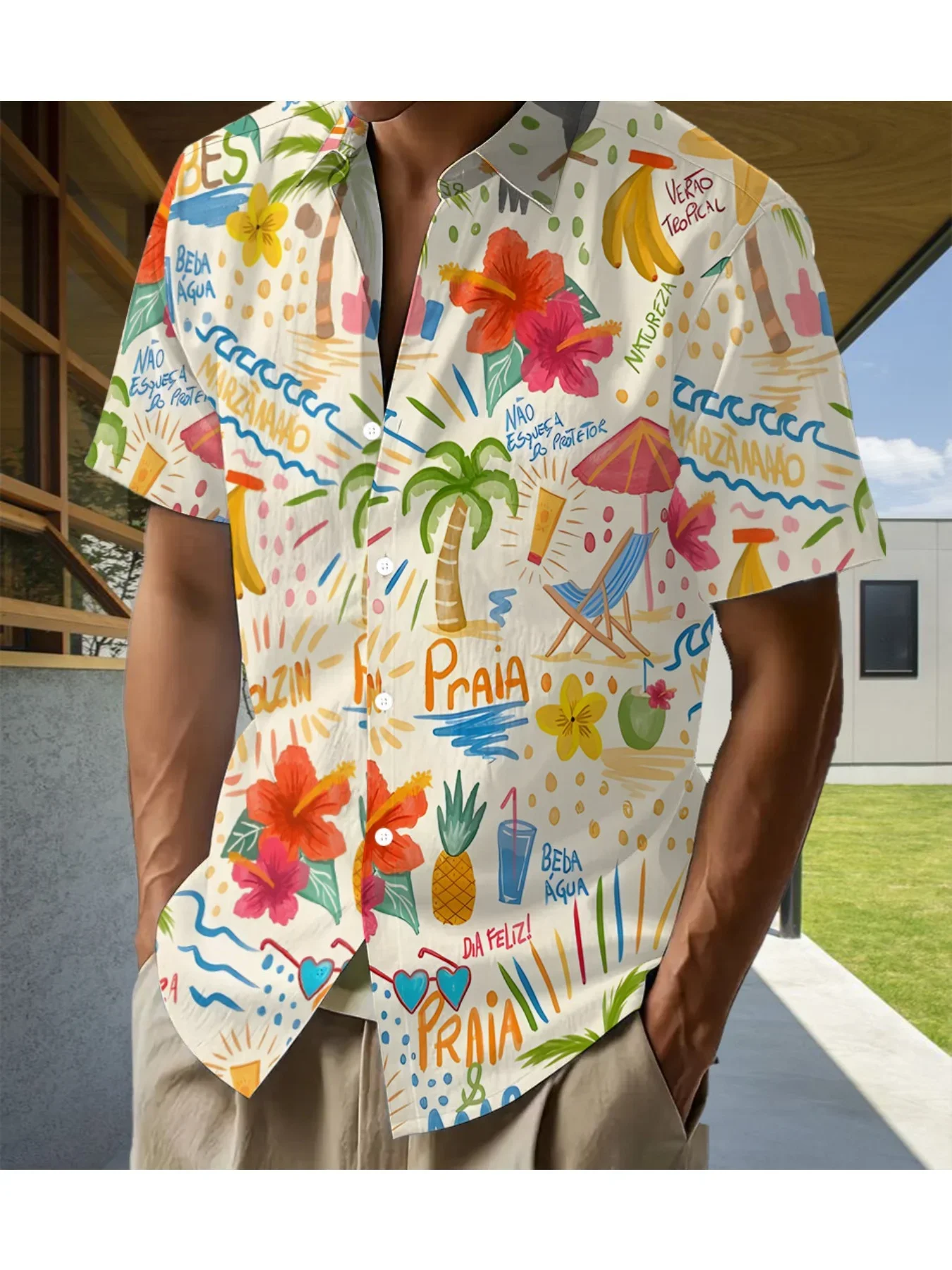 Tropical Jungle Red Floral Palm Leaf Pattern Mens Button Down Summer Vacation Blouse